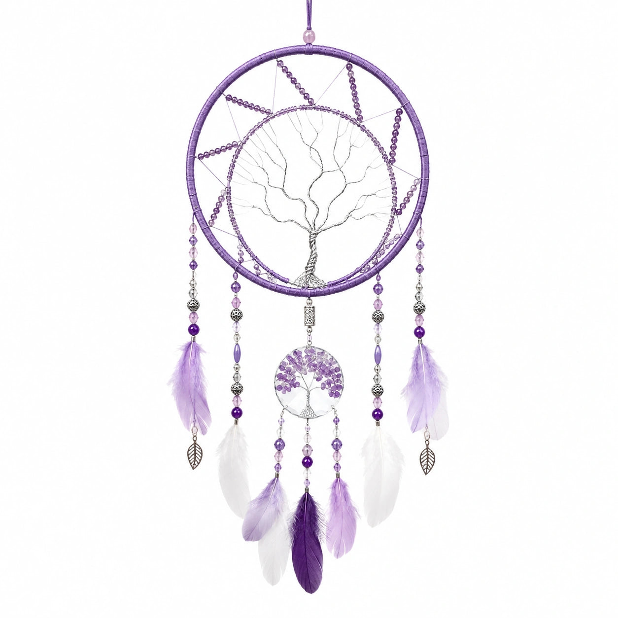 Acchiappasogni 30 x 75 cm in metallo e tessuto viola con piume e albero decorativo