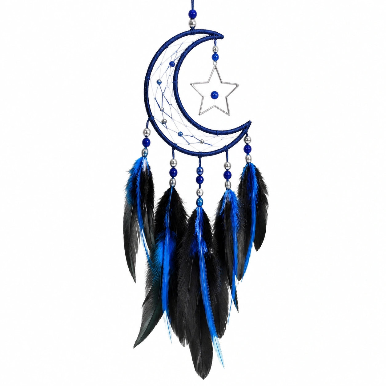 Acchiappasogni 25 x 65 cm in cordoncino e piume blu e nero decorazione sospesa a luna