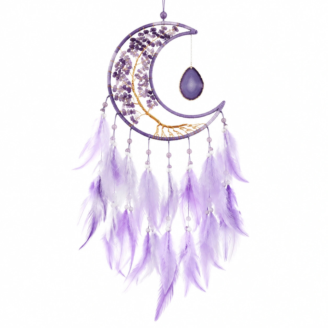 Acchiappasogni sospeso 35 x 85 cm con piume viola e perline stile bohémien