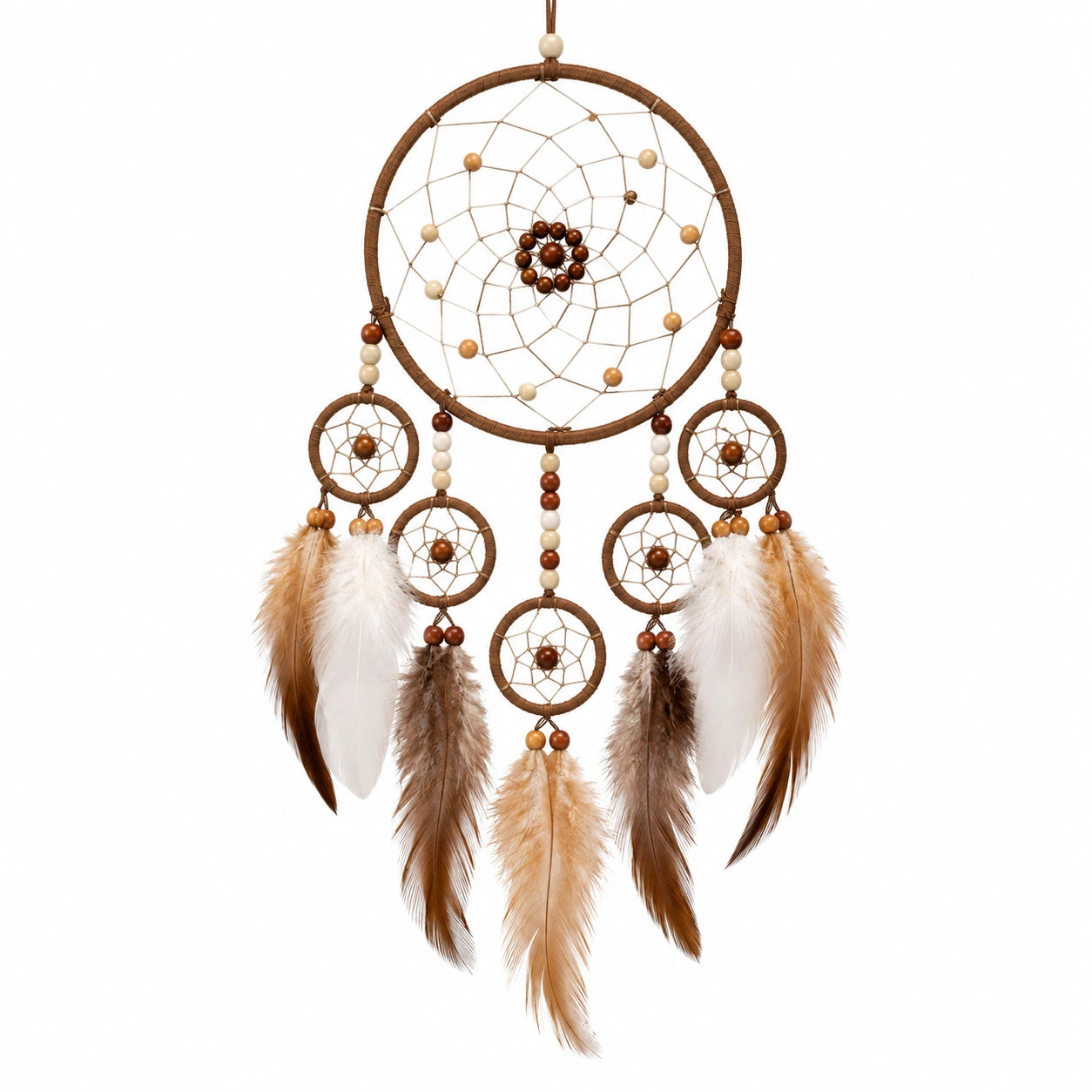 Acchiappasogni da parete 30 x 75 cm in corda marrone con perline e piume decorative stile bohémien