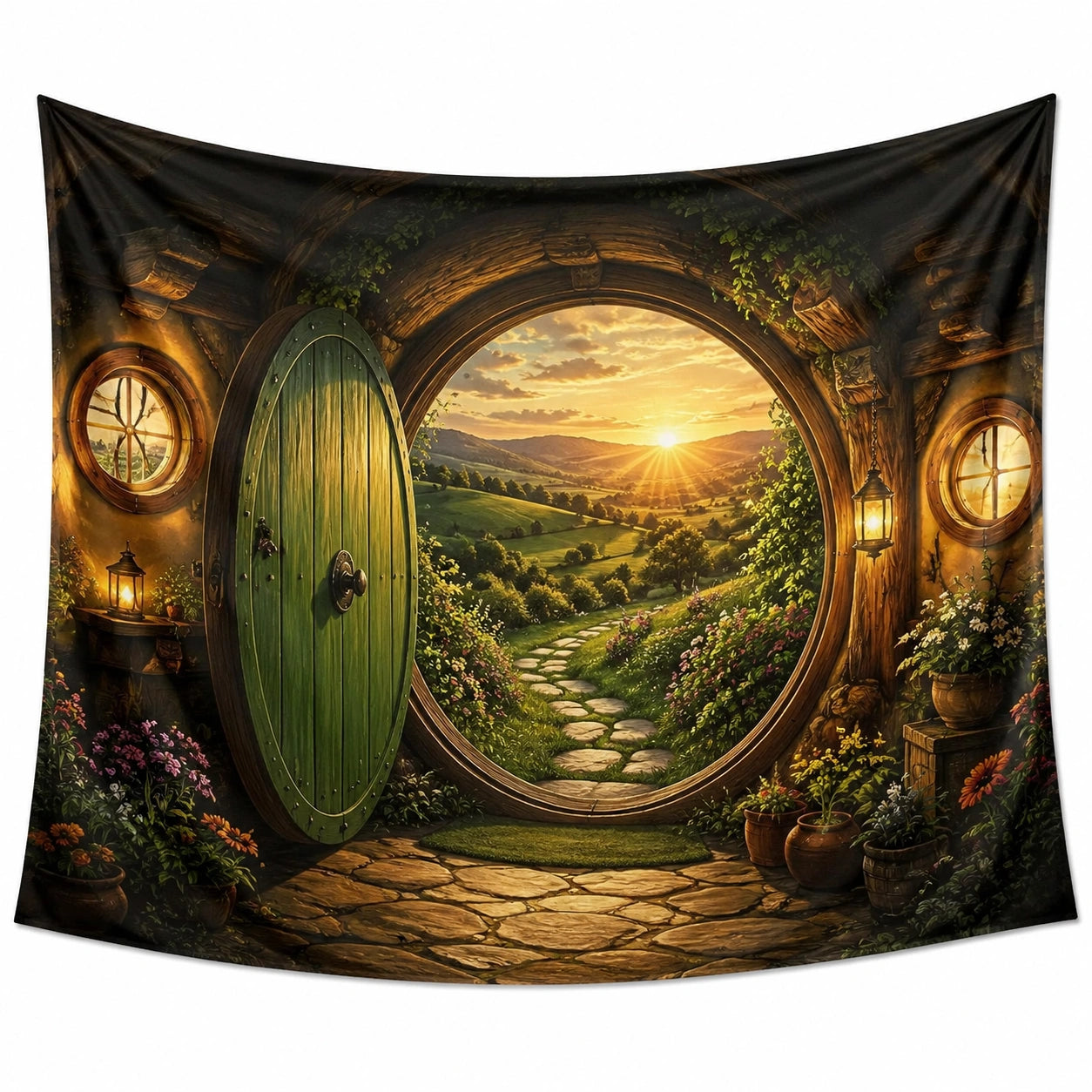 Arazzo da parete 150 x 130 cm in tessuto sintetico nero verde e marrone con paesaggio fantastico