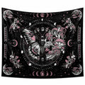 Arazzo da parete 150 x 150 cm in poliestere nero rosa con falena funghi e fasi lunari
