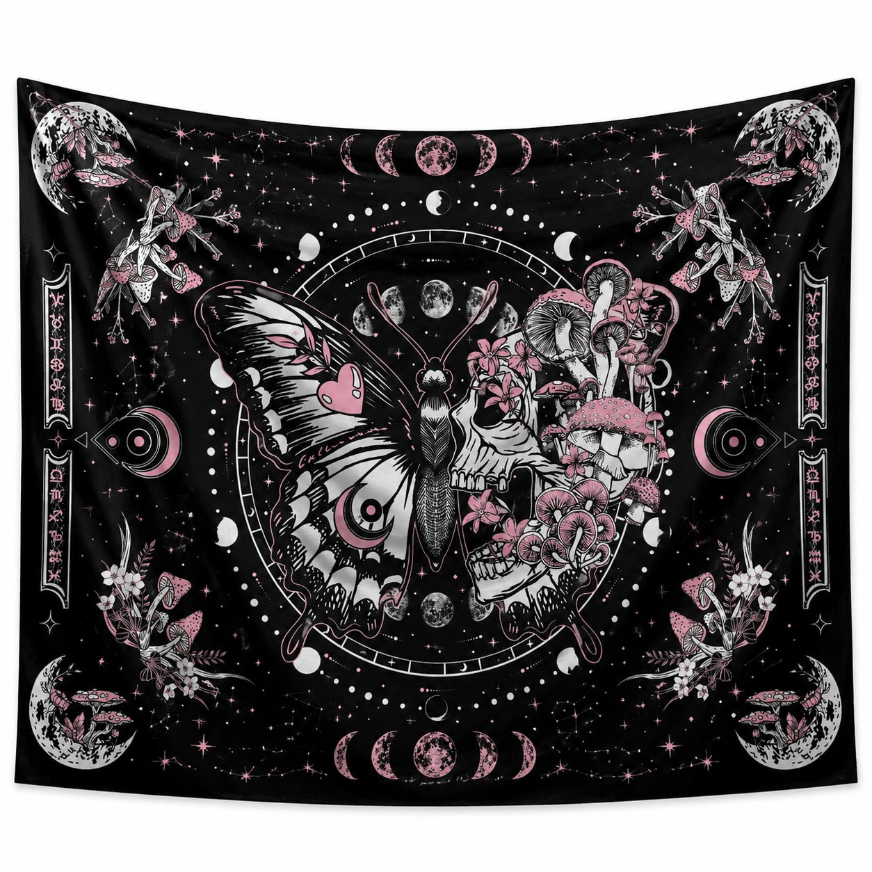 Arazzo da parete 150 x 150 cm in poliestere nero rosa con falena funghi e fasi lunari