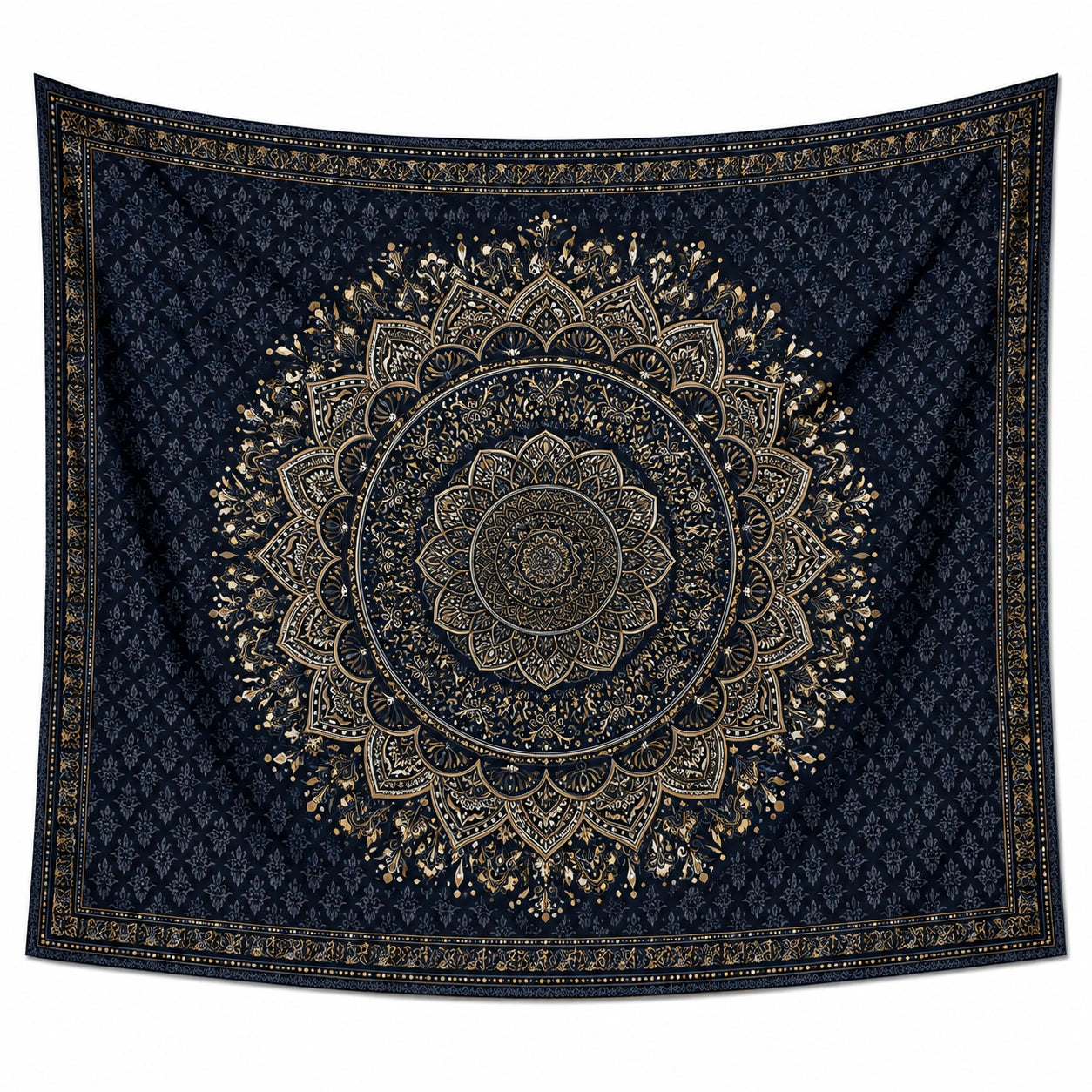 Arazzo da parete 150 x 150 cm in tessuto blu scuro e oro con motivo ornamentale