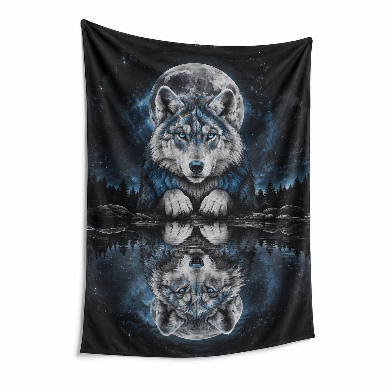 Arazzo da parete 150 x 200 cm in poliestere nero blu con lupo e luna stile fantasy