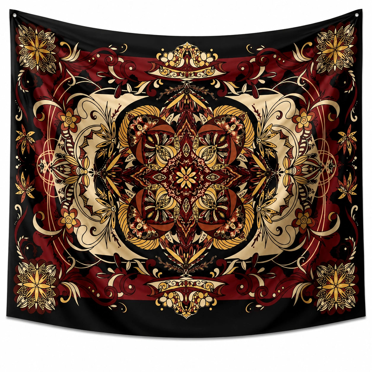 Arazzo da parete 150 x 150 cm in tessuto nero rosso e beige con motivo floreale ornamentale