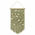 Arazzo da parete 50 x 95 cm in corda di cotone verde salvia con foglie e frange stile boho
