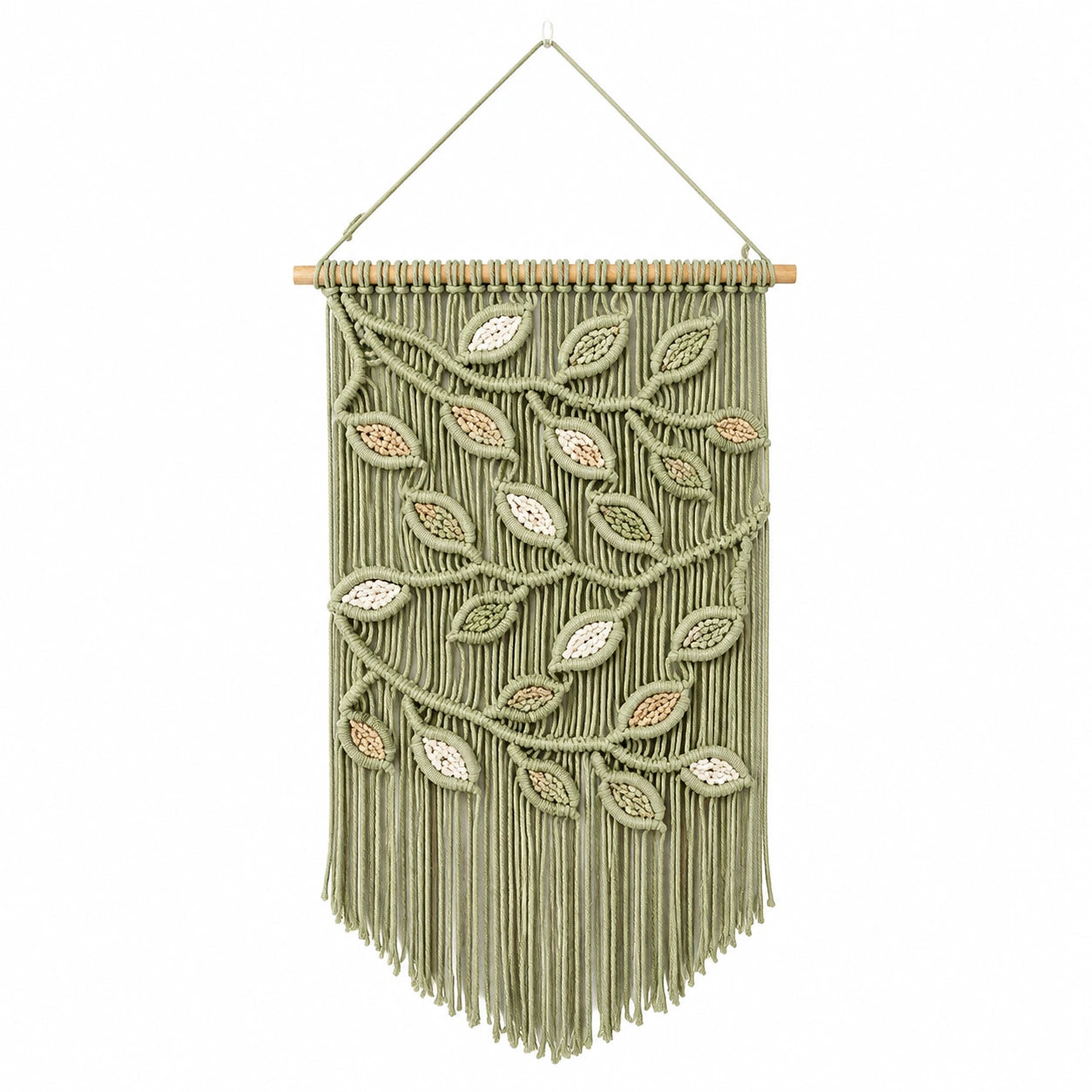Arazzo da parete 50 x 95 cm in corda di cotone verde salvia con foglie e frange stile boho