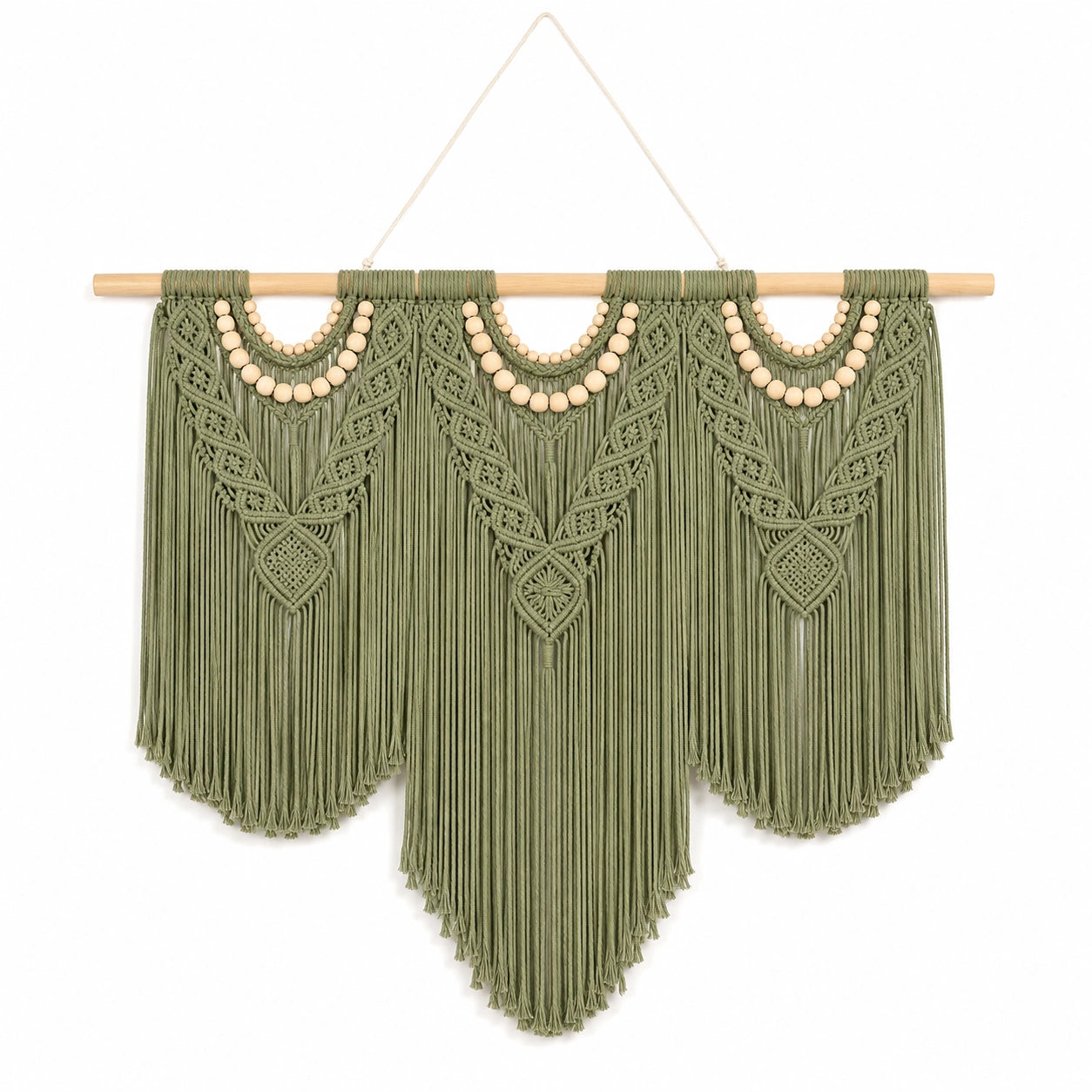 Arazzo da parete 100 x 90 cm in corda tessile verde salvia con frange stile boho