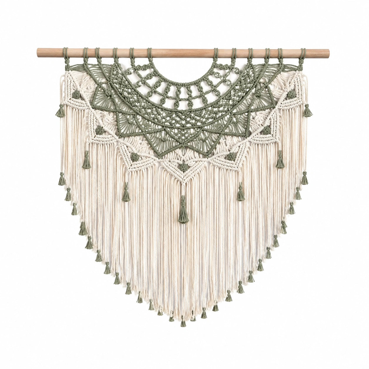 Arazzo da parete in macramè 80 x 100 cm beige e verde salvia con frange stile boho