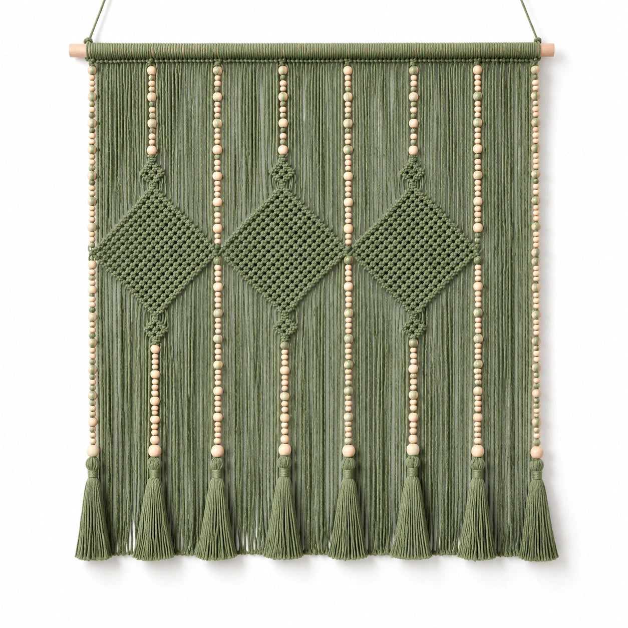 Arazzo da parete 80 x 100 cm in corda di cotone verde salvia con perline in legno stile boho
