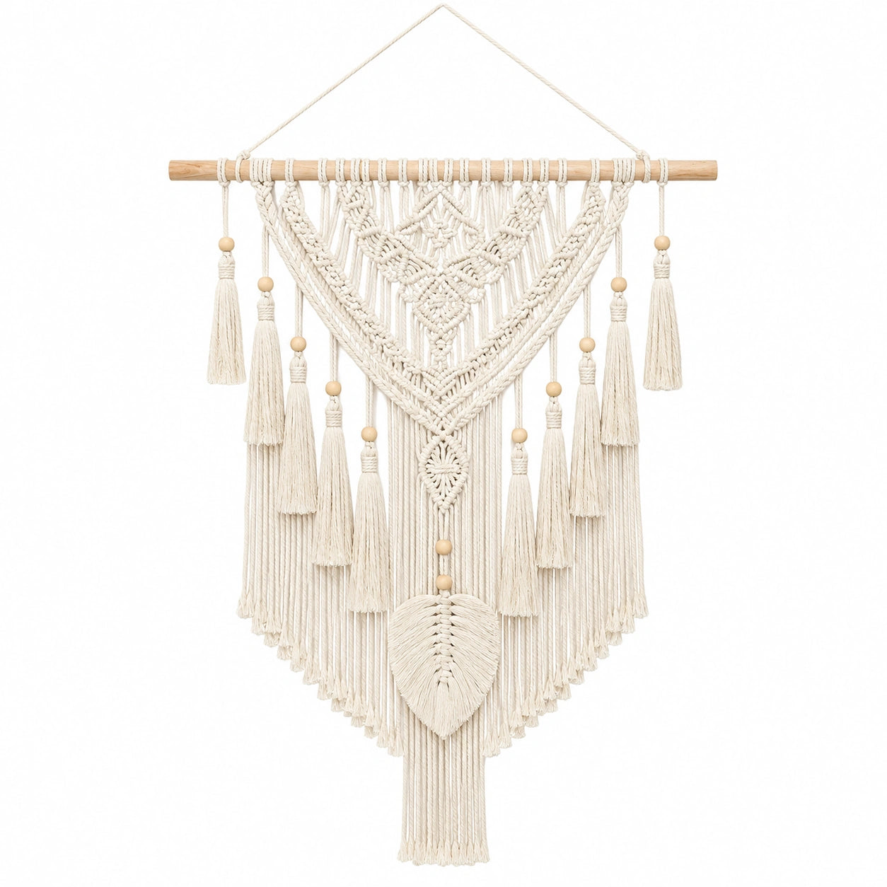 Arazzo da parete in macramè 70 x 100 cm cotone beige con barra in legno stile bohémien