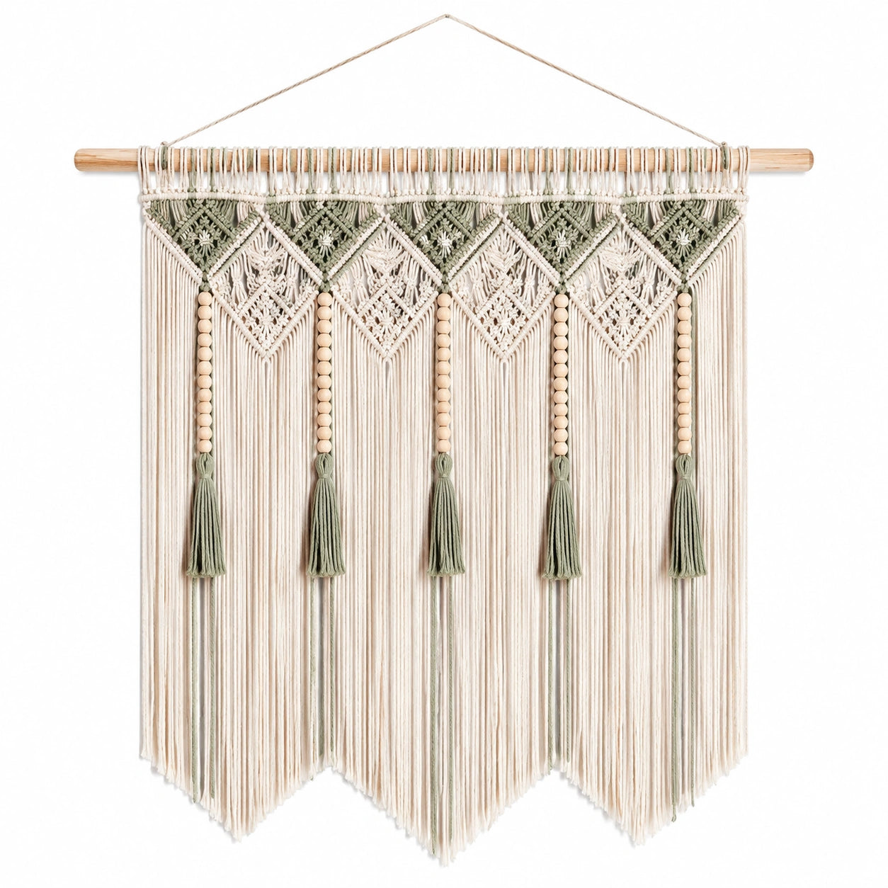 Arazzo da parete in macramè 90 x 110 cm in corda tessile beige e verde con frange stile boho