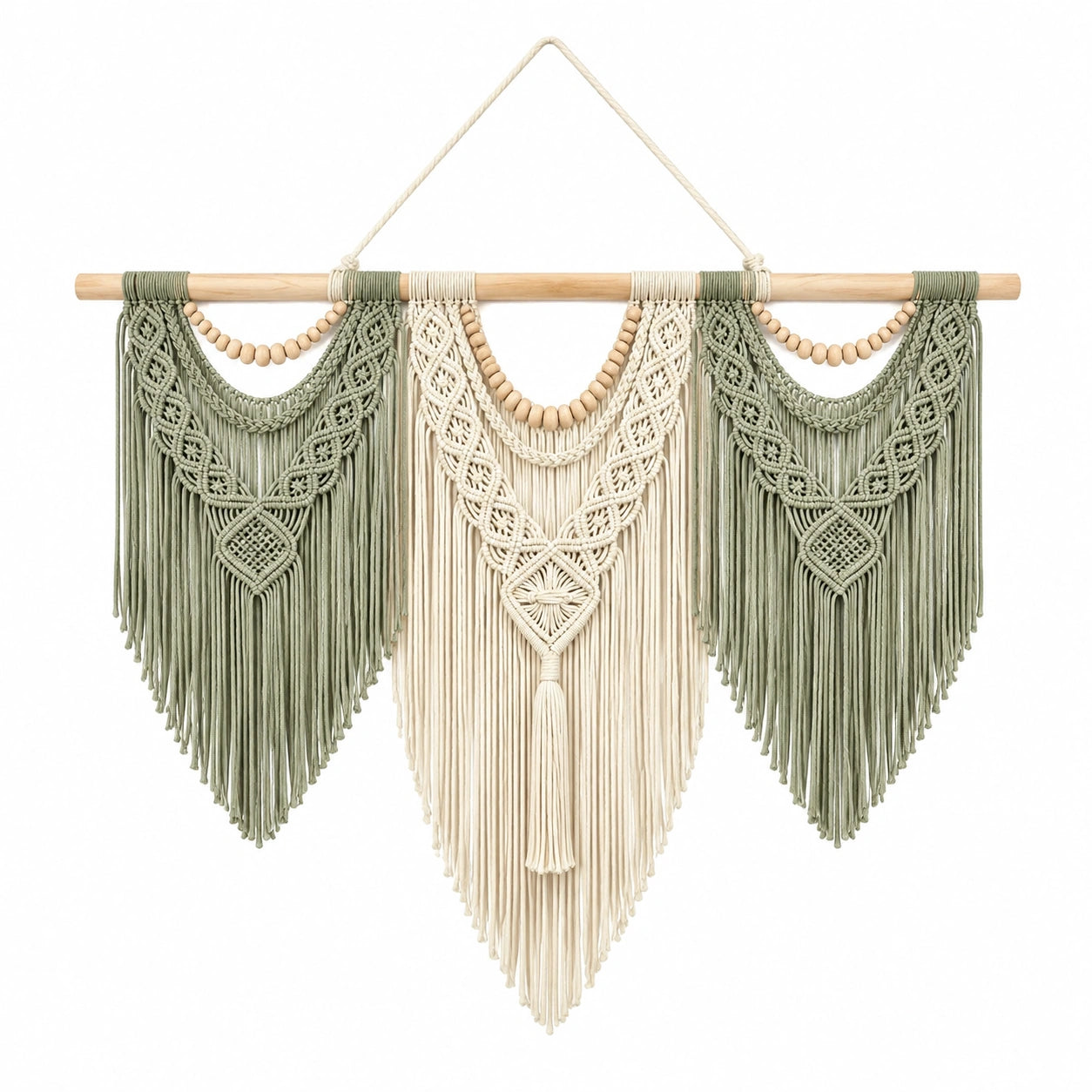 Arazzo da parete 100 x 90 cm in cotone verde salvia e avorio con frange stile boho
