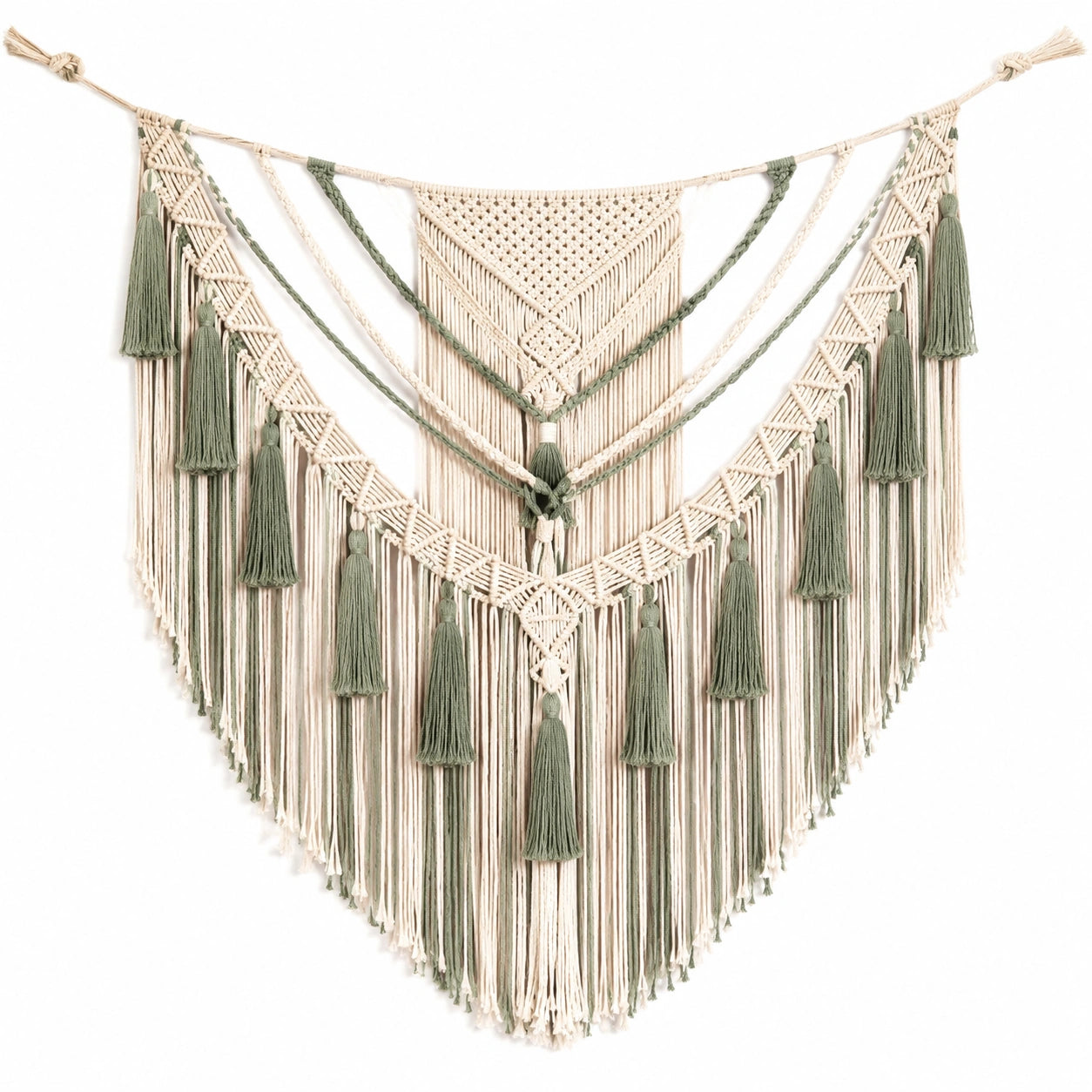 Arazzo da parete in macramè 90 x 100 cm cotone beige e verde stile boho