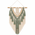 Arazzo da parete 60 x 100 cm in corda di cotone verde salvia e avorio con frange stile boho