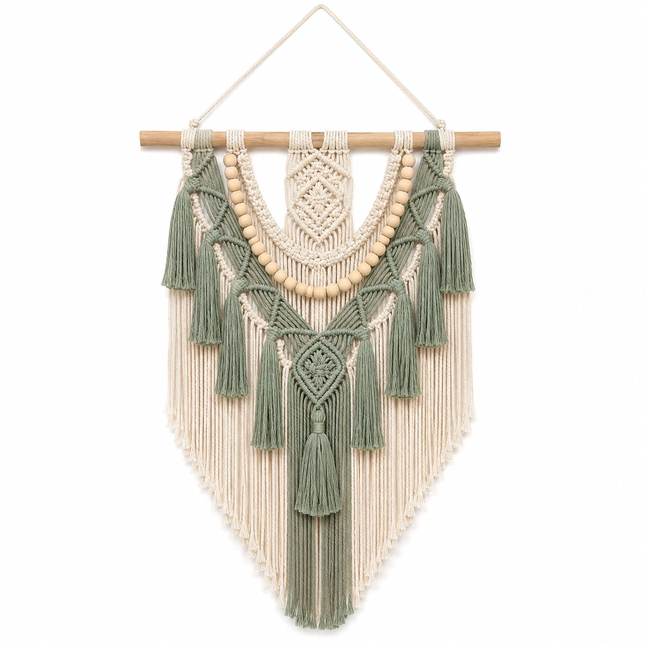 Arazzo da parete 60 x 100 cm in corda di cotone verde salvia e avorio con frange stile boho