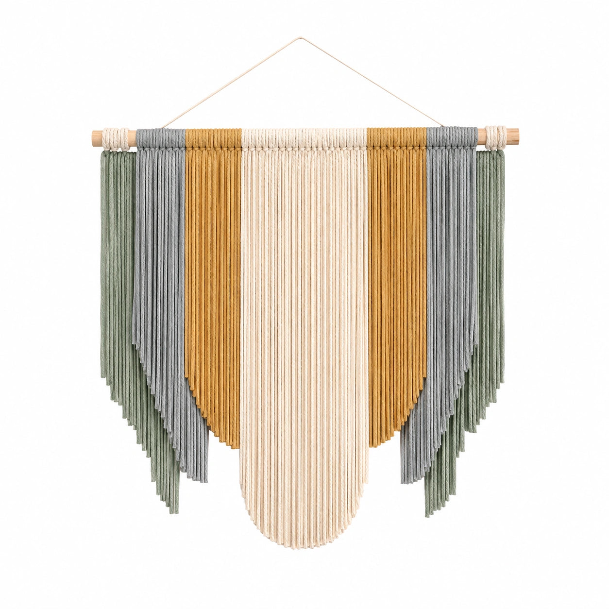 Arazzo da parete 70 x 85 cm in corda di cotone verde salvia grigio senape e avorio con frange stile boho