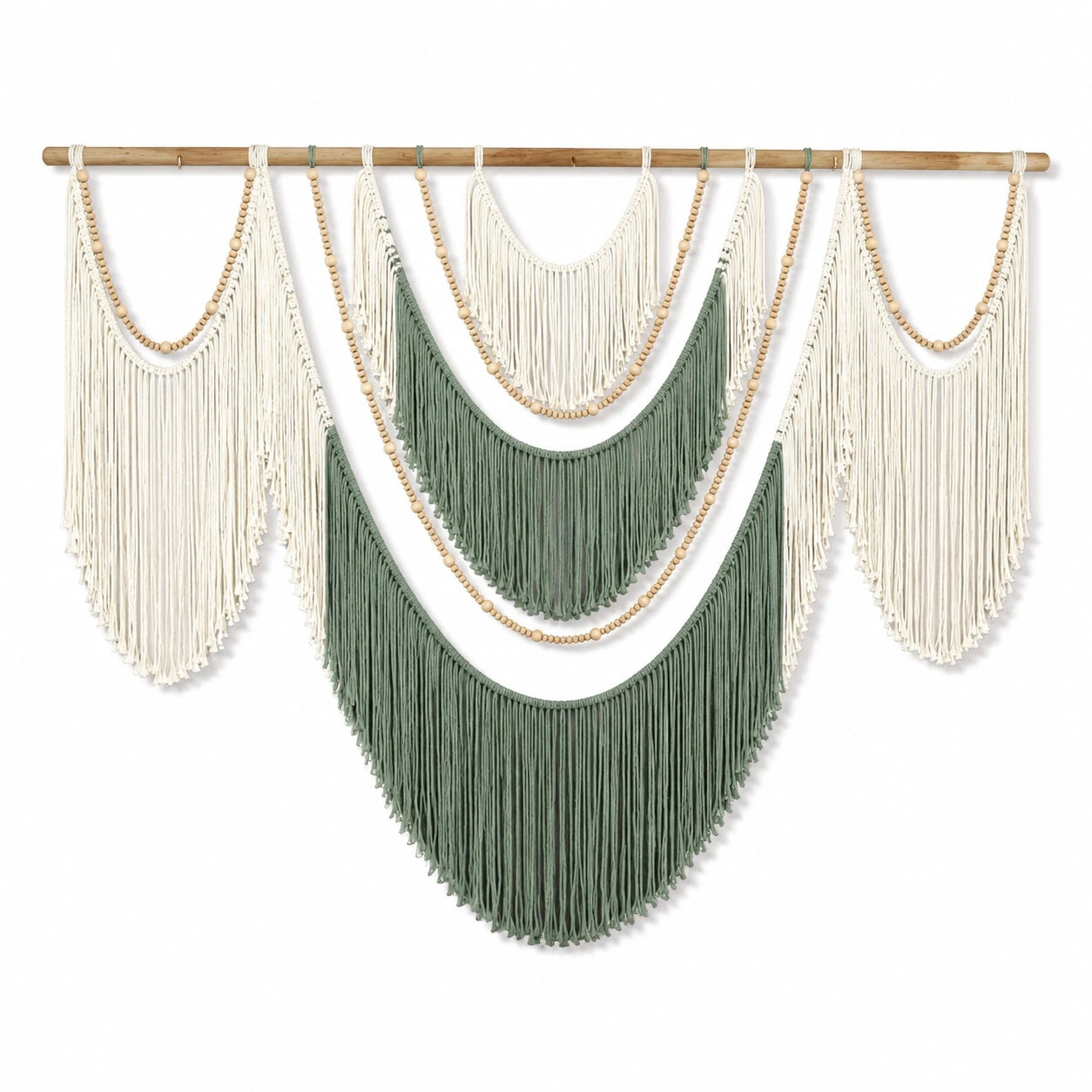 Arazzo da parete 120 x 100 cm in cotone verde salvia e avorio stile boho con frange