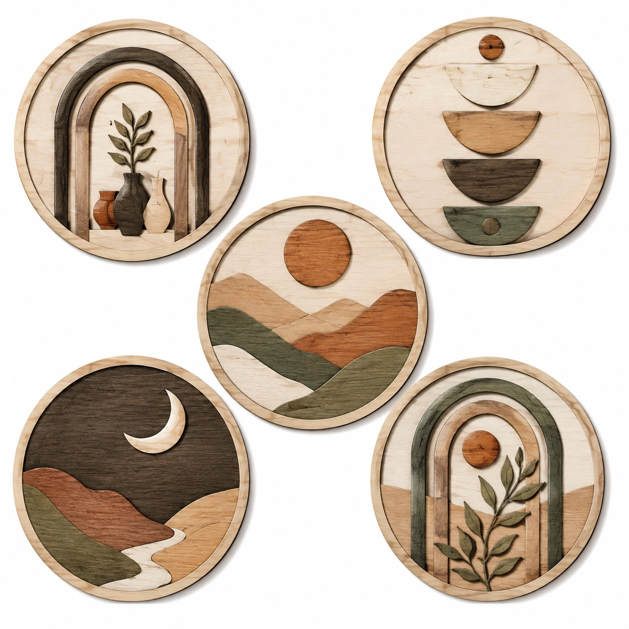 Decorazioni da parete rotonde in legno diametro 30 cm multicolore stile naturale set da 5