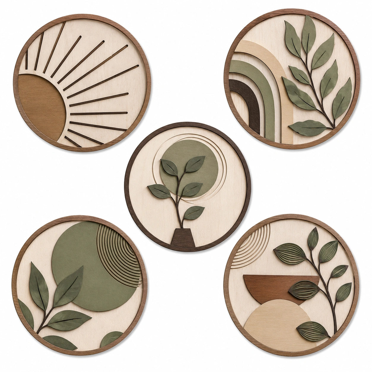 Decorazioni da parete rotonde 30 cm in legno verde e marrone stile botanico