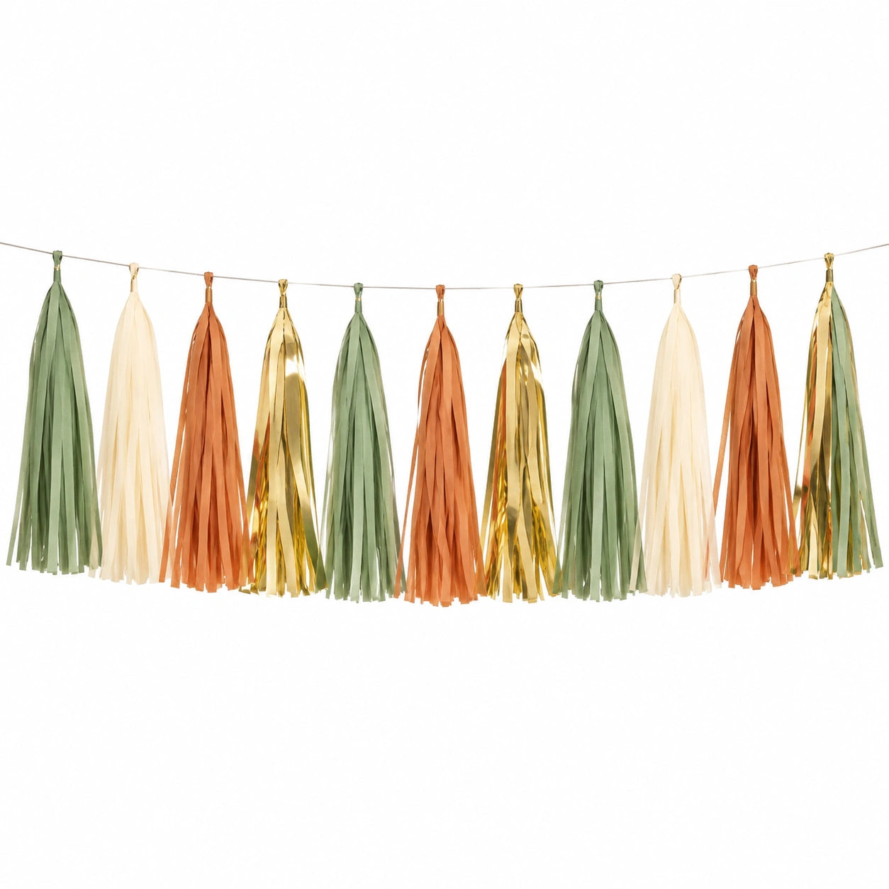 Ghirlanda decorativa 300 x 35 cm in carta verde salvia crema terracotta oro - frange per feste