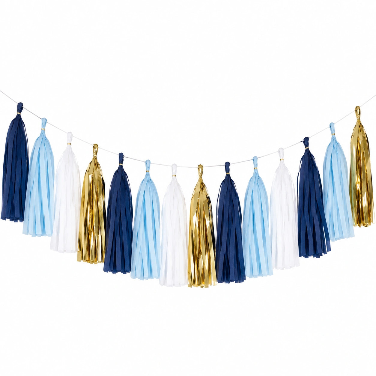 Ghirlanda decorativa con nappine 300 cm in carta blu navy azzurro bianco e oro