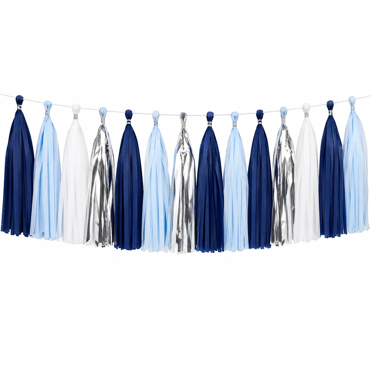 Ghirlanda con nappe 150 x 35 cm in carta blu navy azzurro bianco argento per feste